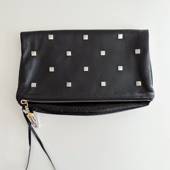 JIMMY CHOO Clutch Bag Black Leather Designer Studded Evening Handbag - Picture 1 of 7